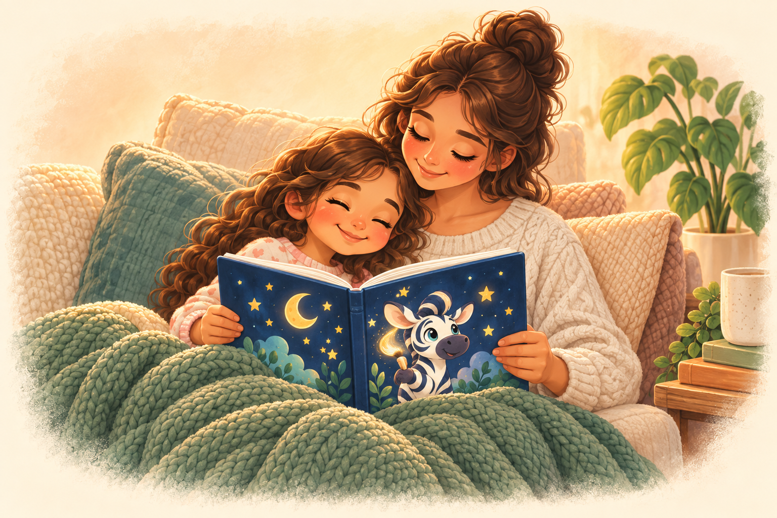 A parent and child sharing a Pibra story under a cozy blanket.